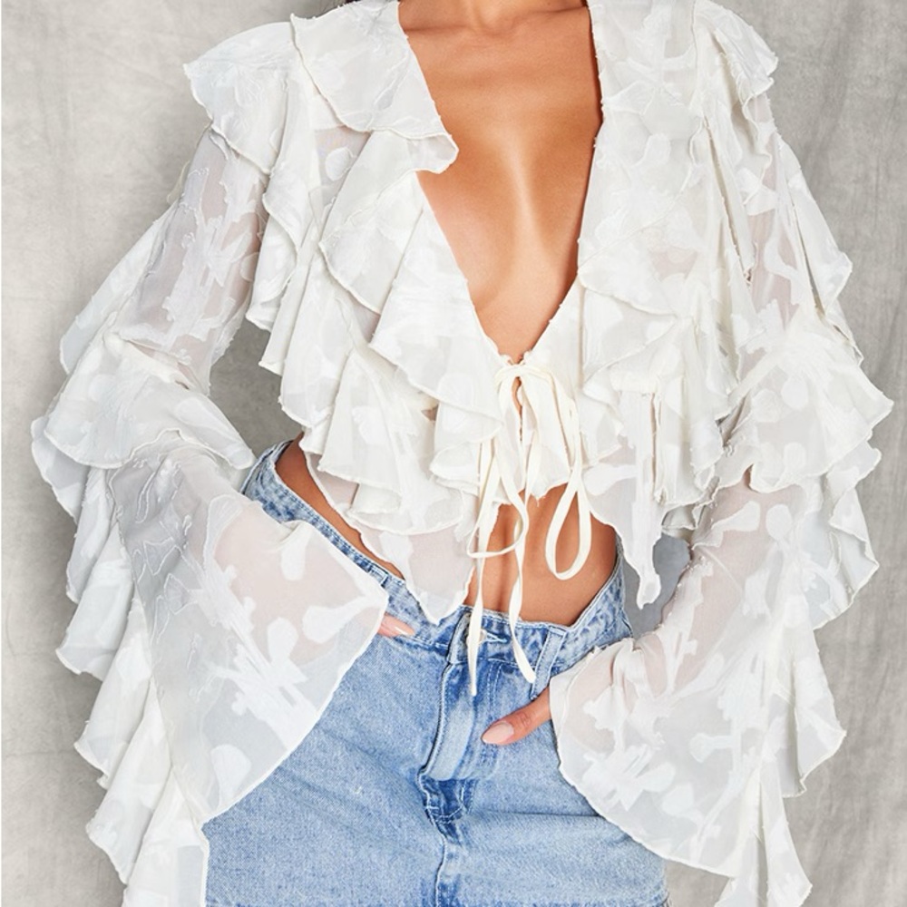 Cream Floral Organza Ruffle Tie Crop Blouse - 8